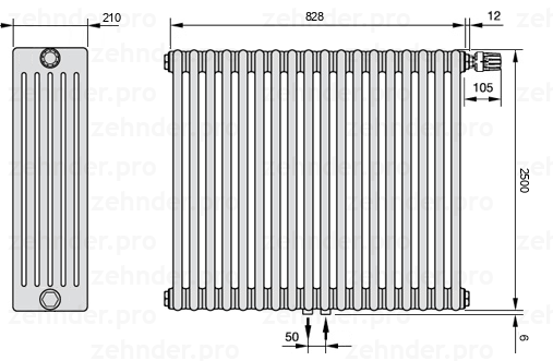 Схема (чертеж) Радиатор Zehnder Charleston 6250/18 №V008 Белый глянцевый RAL 9016